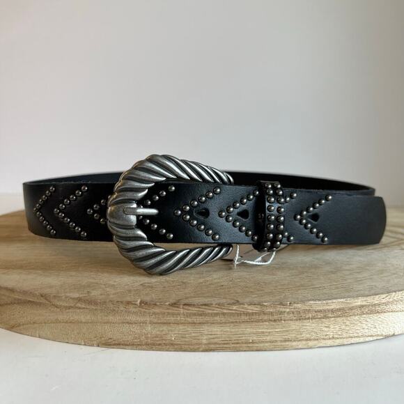 MW Black Genuine Leather Silver Studded Chunky Buckle Belt Size Small NEW - Picture 3 of 11
